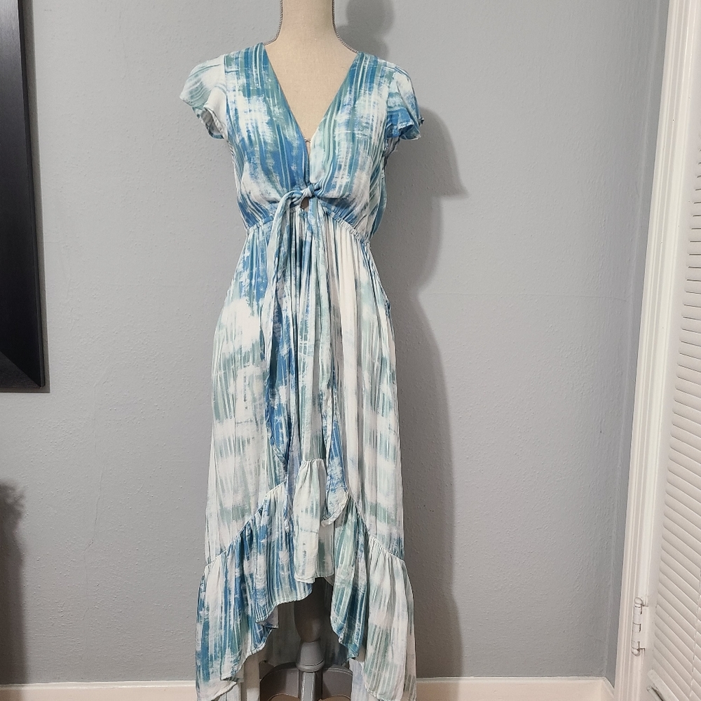 Vici Blue and White Ruffle Hi Low Maxi Dress Size Large